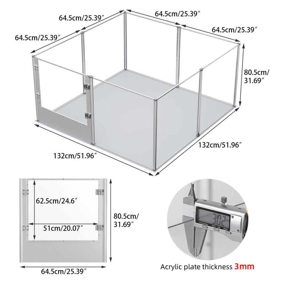 81cm Highest Acrylic Dog Whelping Pen Box Safe Aluminum Frame Pet Playpen w/ Mat