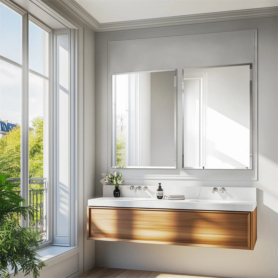 P&P Silver Rectangular Wall Mirror 50x70cm Frameless Beveled Edge Glass for Modern Rooms