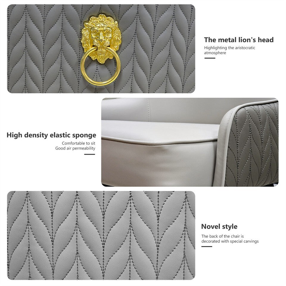 High-End Grey Dining Chairs Set of 2 Faux Leather Upholstered Kitchen Chairs with Gold Lion Head