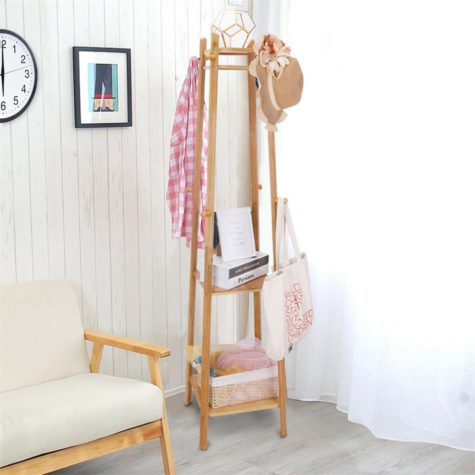 3 Layer 8 Hooks Shelf Clothes Coat Hat Rack Tree Stand Bamboo Hanger Organizer