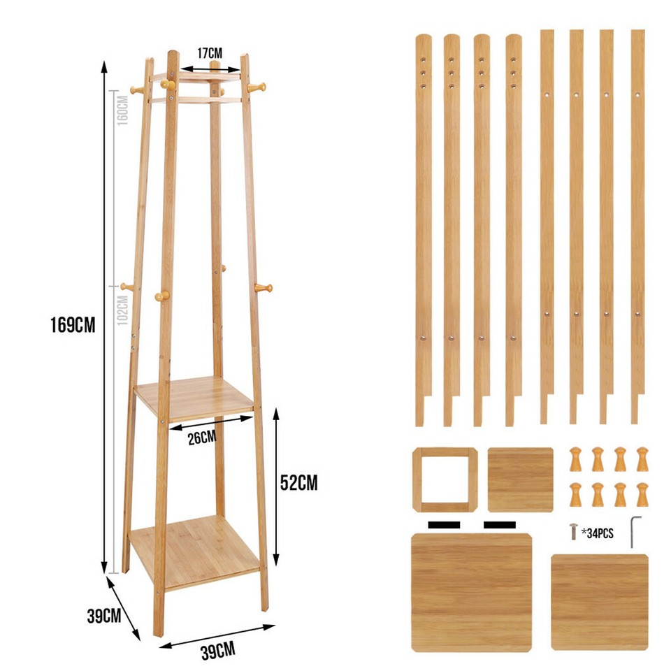 3 Layer 8 Hooks Shelf Clothes Coat Hat Rack Tree Stand Bamboo Hanger Organizer