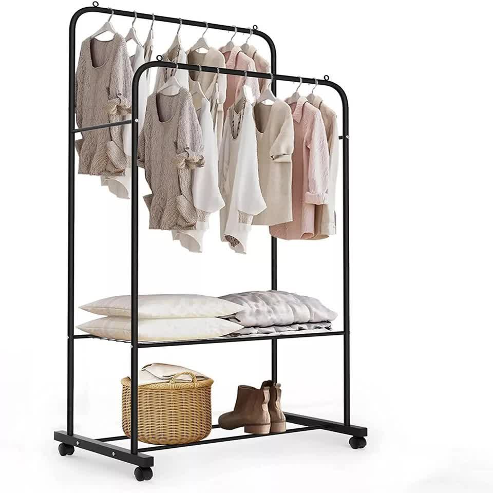 Fin Heavy Thicken Metal Double Clothes Rail Sturdy Open Hanging Shelf Storage Rack