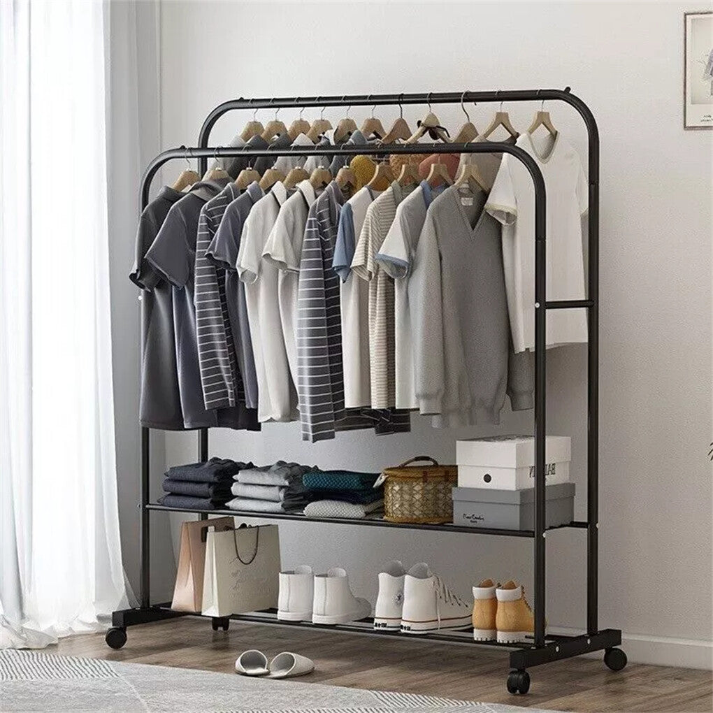 Fin Heavy Thicken Metal Double Clothes Rail Sturdy Open Hanging Shelf Storage Rack