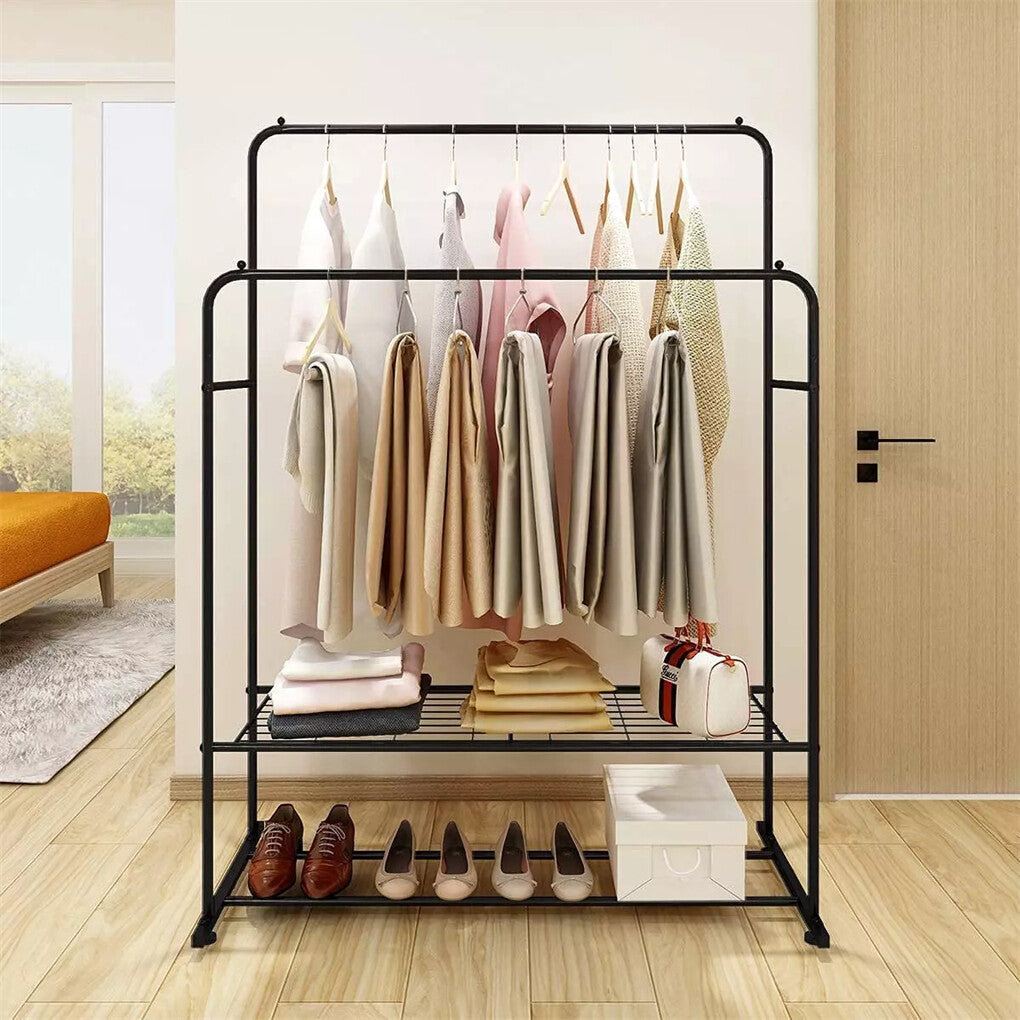 Fin Heavy Thicken Metal Double Clothes Rail Sturdy Open Hanging Shelf Storage Rack