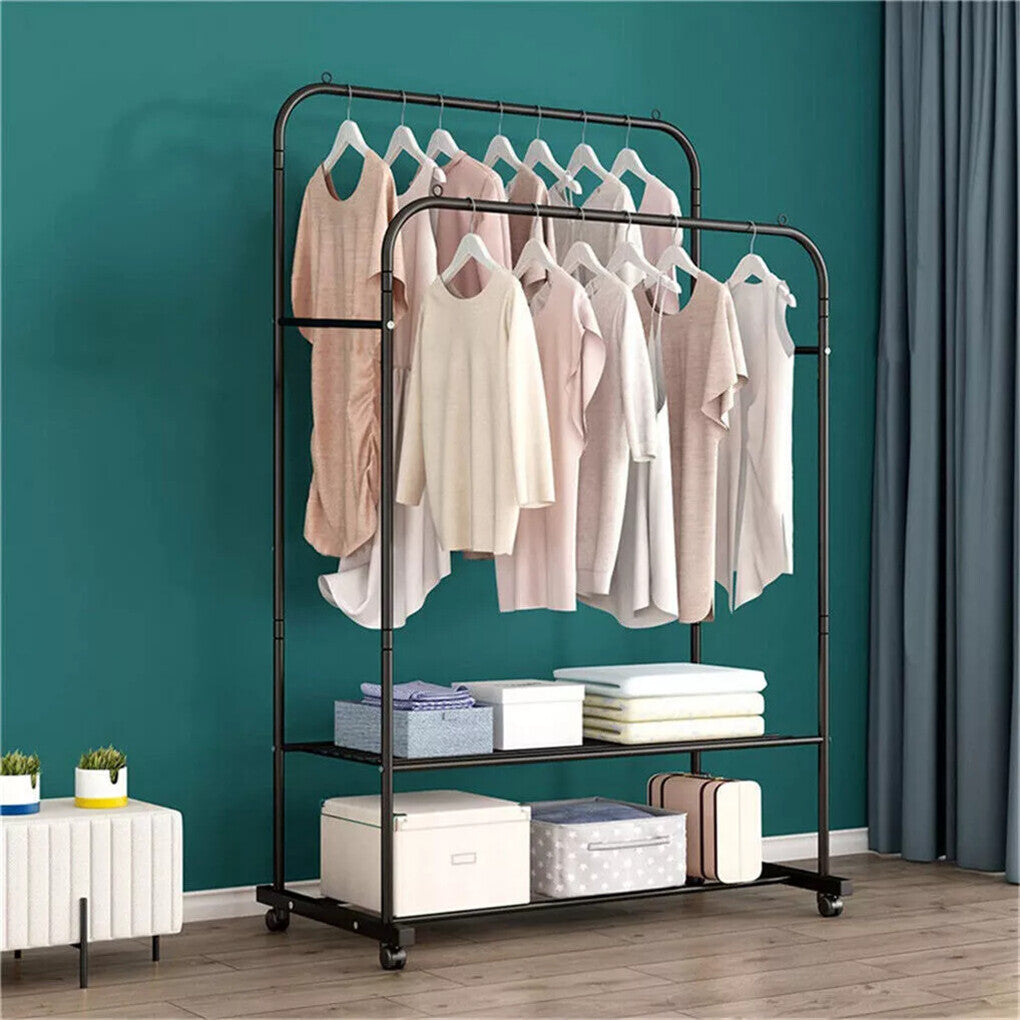 Fin Heavy Thicken Metal Double Clothes Rail Sturdy Open Hanging Shelf Storage Rack