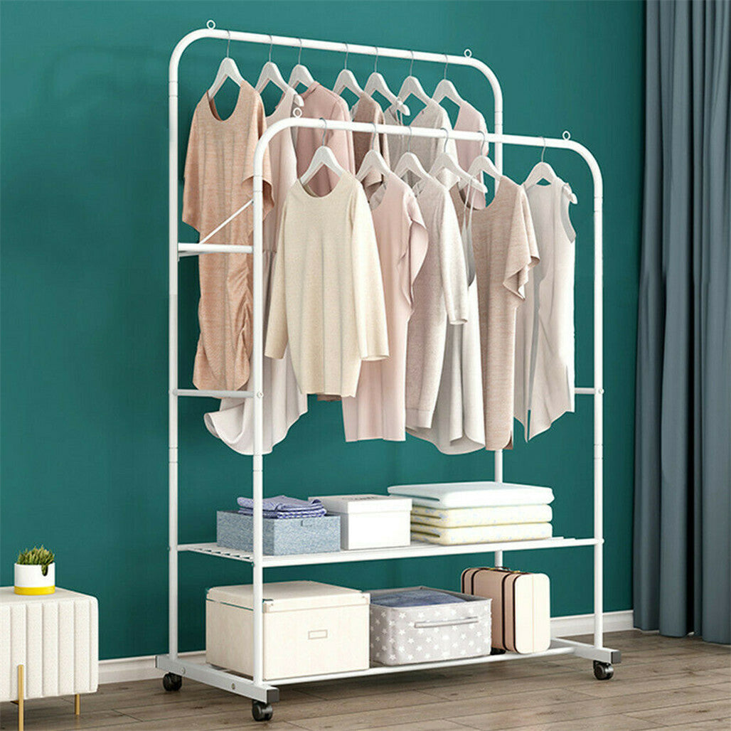 Heavy Duty Double Rail Garment Rack Rolling Clothes Rack 2Tier Storage Shelf