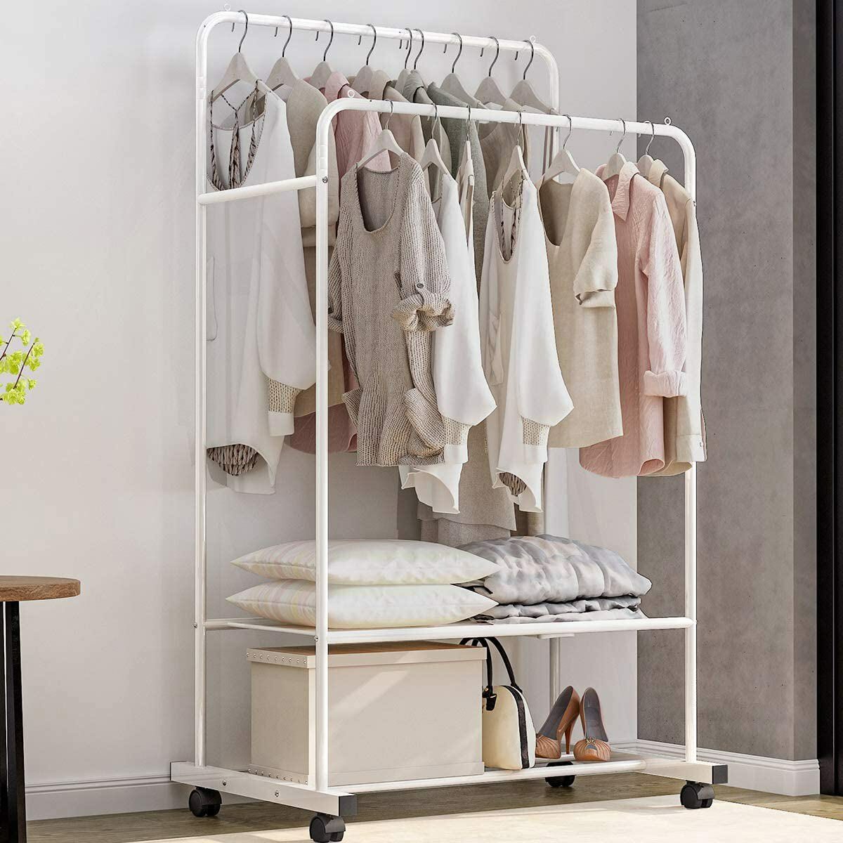 Heavy Duty Double Rail Garment Rack Rolling Clothes Rack 2Tier Storage Shelf