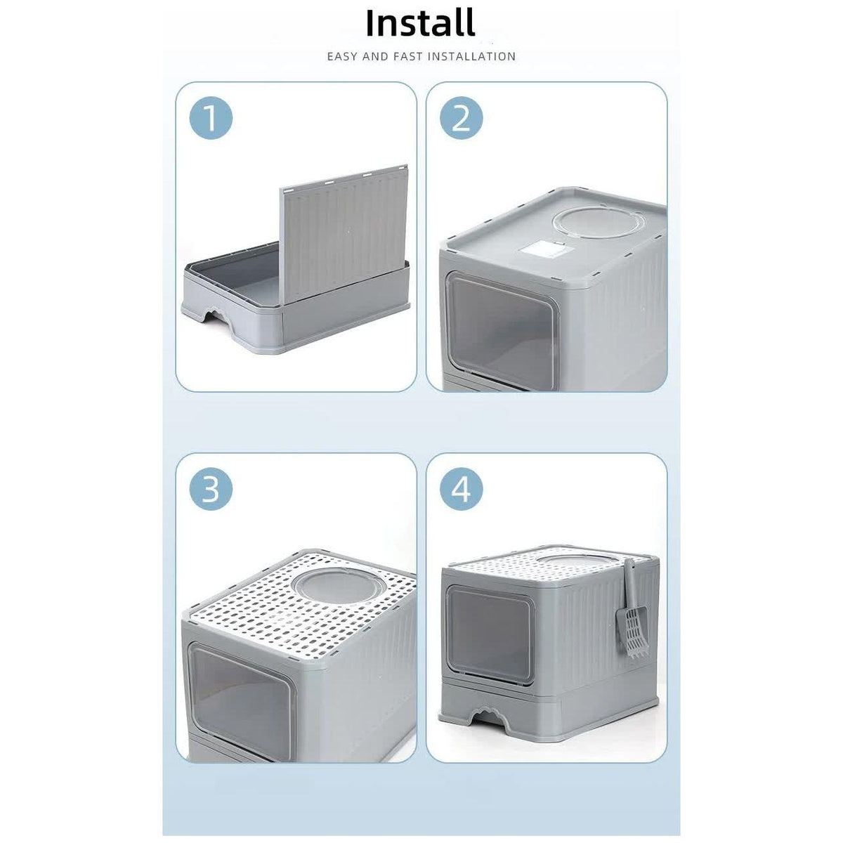 Top-Entry Cat Litter Box with Drawer - Enclosed Design, Easy Clean, Odor Control, Anti-Tracking Lid Grey