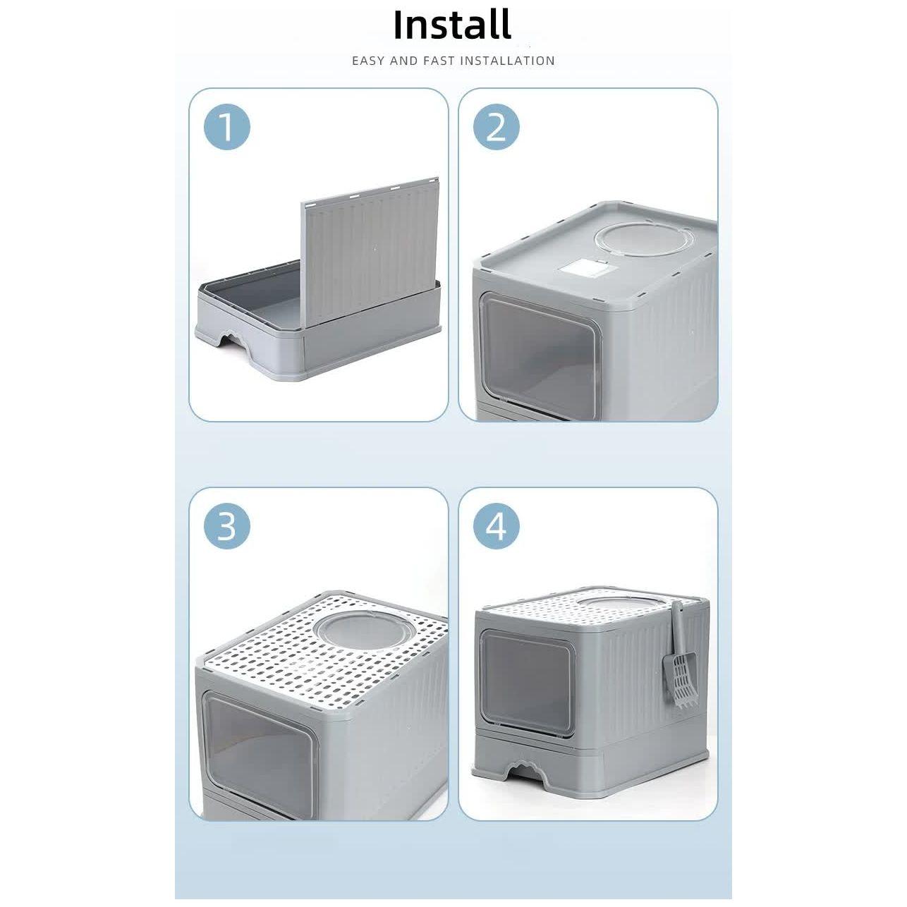 Top-Entry Cat Litter Box with Drawer - Enclosed Design, Easy Clean, Odor Control, Anti-Tracking Lid Grey