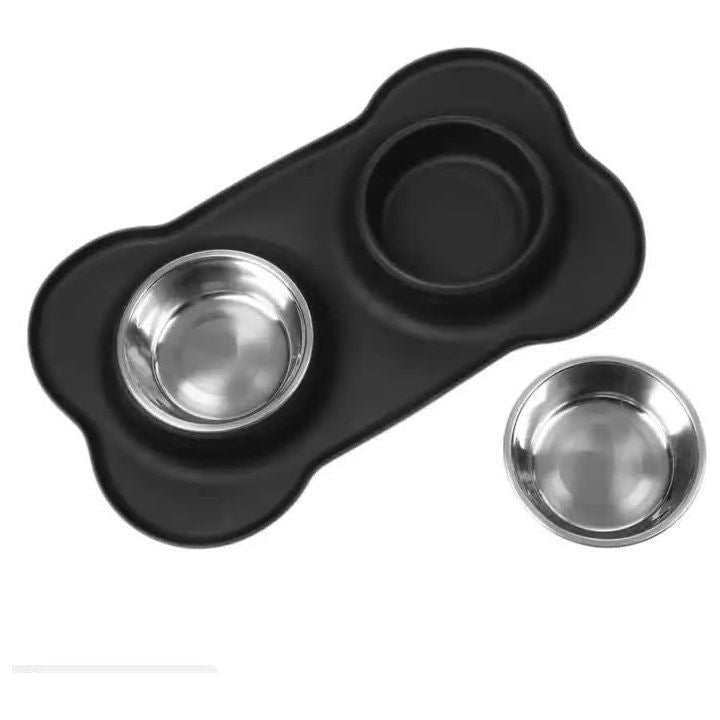 Non-Slip Stainless Steel Double Pet Bowl Set with Spill-Resistant Silicone Mat 45*27cm Black