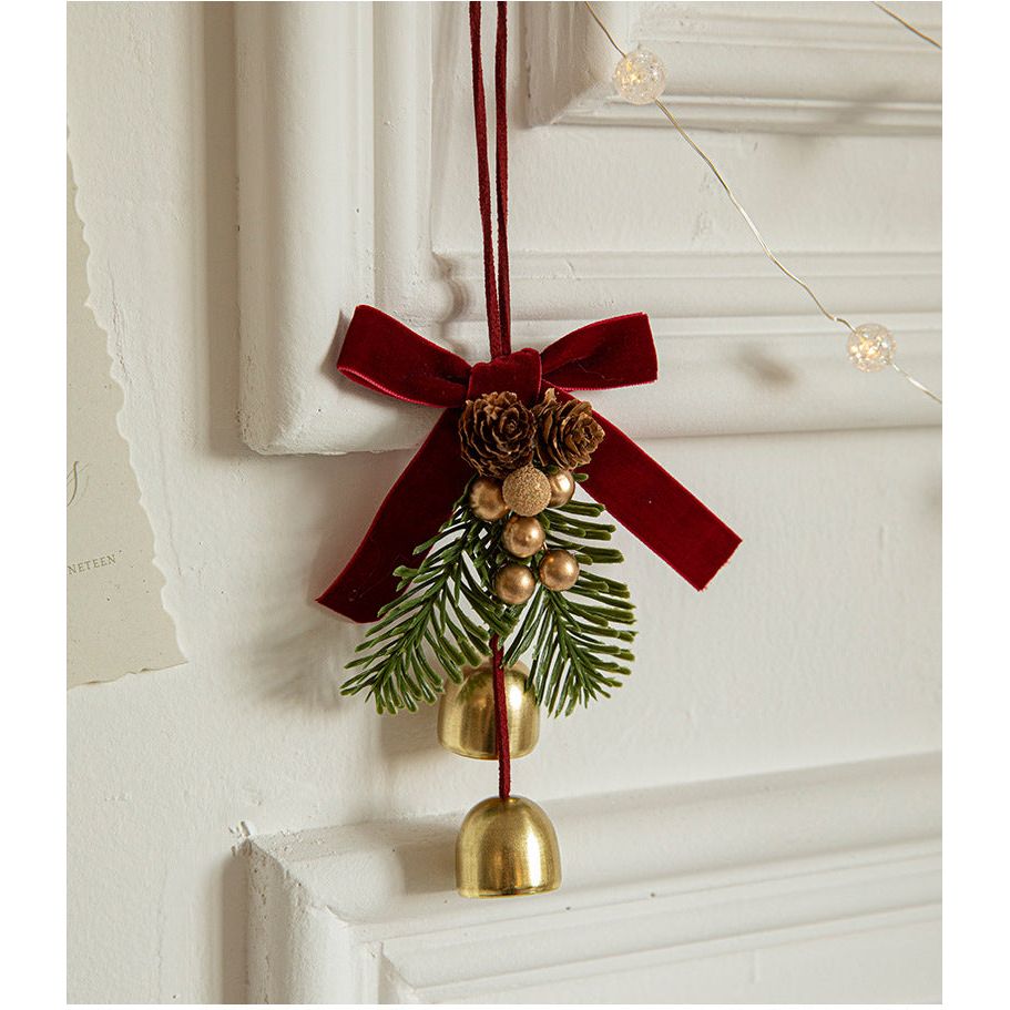 Christmas Hanging Ornament with Pinecones, Bells, and Velvet Bow - 14x10cm Festive Decoration(3 PCS)