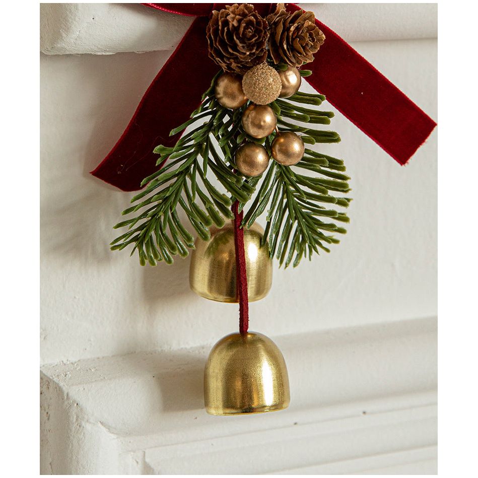 Christmas Hanging Ornament with Pinecones, Bells, and Velvet Bow - 14x10cm Festive Decoration(3 PCS)