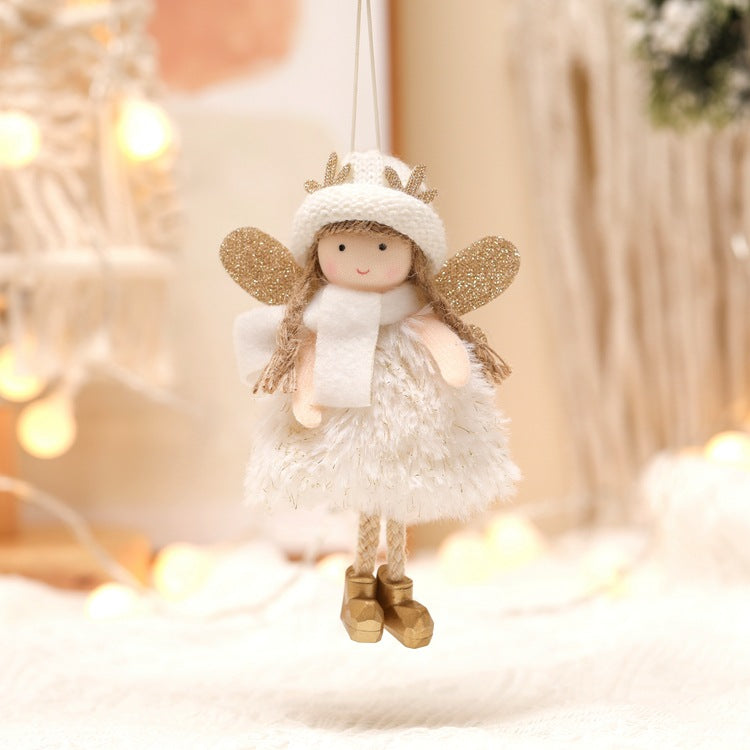 Winter Angel Ornament with Gold Glitter Wings and White Scarf - Christmas Tree Hanging Decoration 15*9 cm White colour (5 pieces)