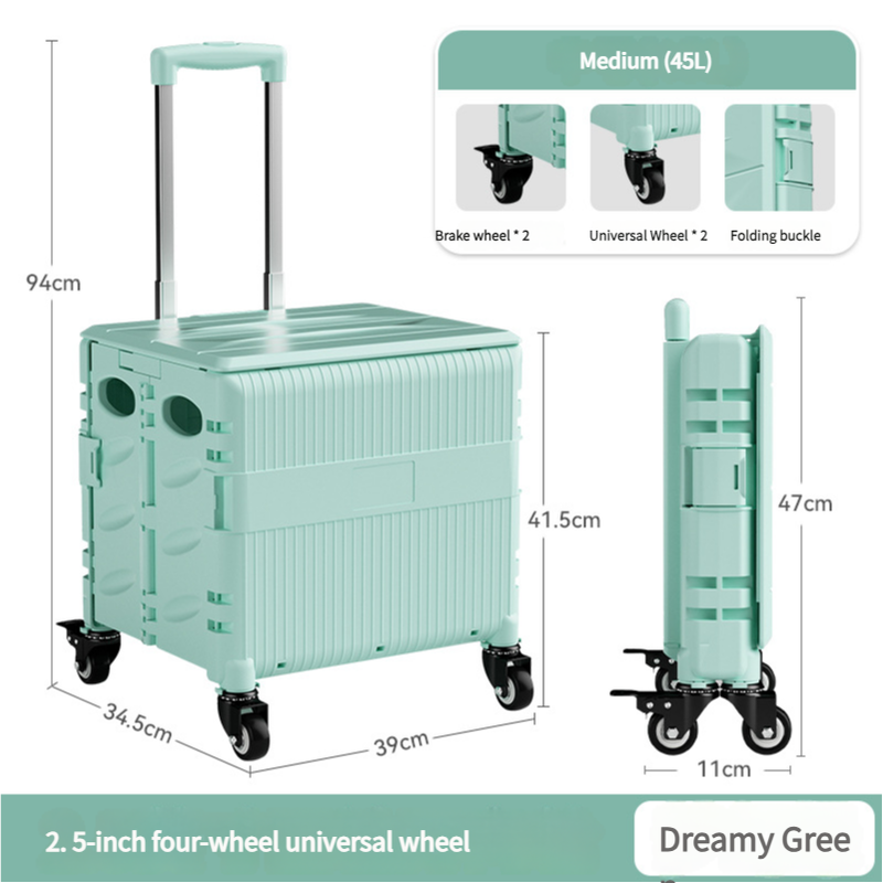 Foldable Rolling Storage Cart with Telescopic Handle - Large Capacity, Portable Utility Box  45L Green