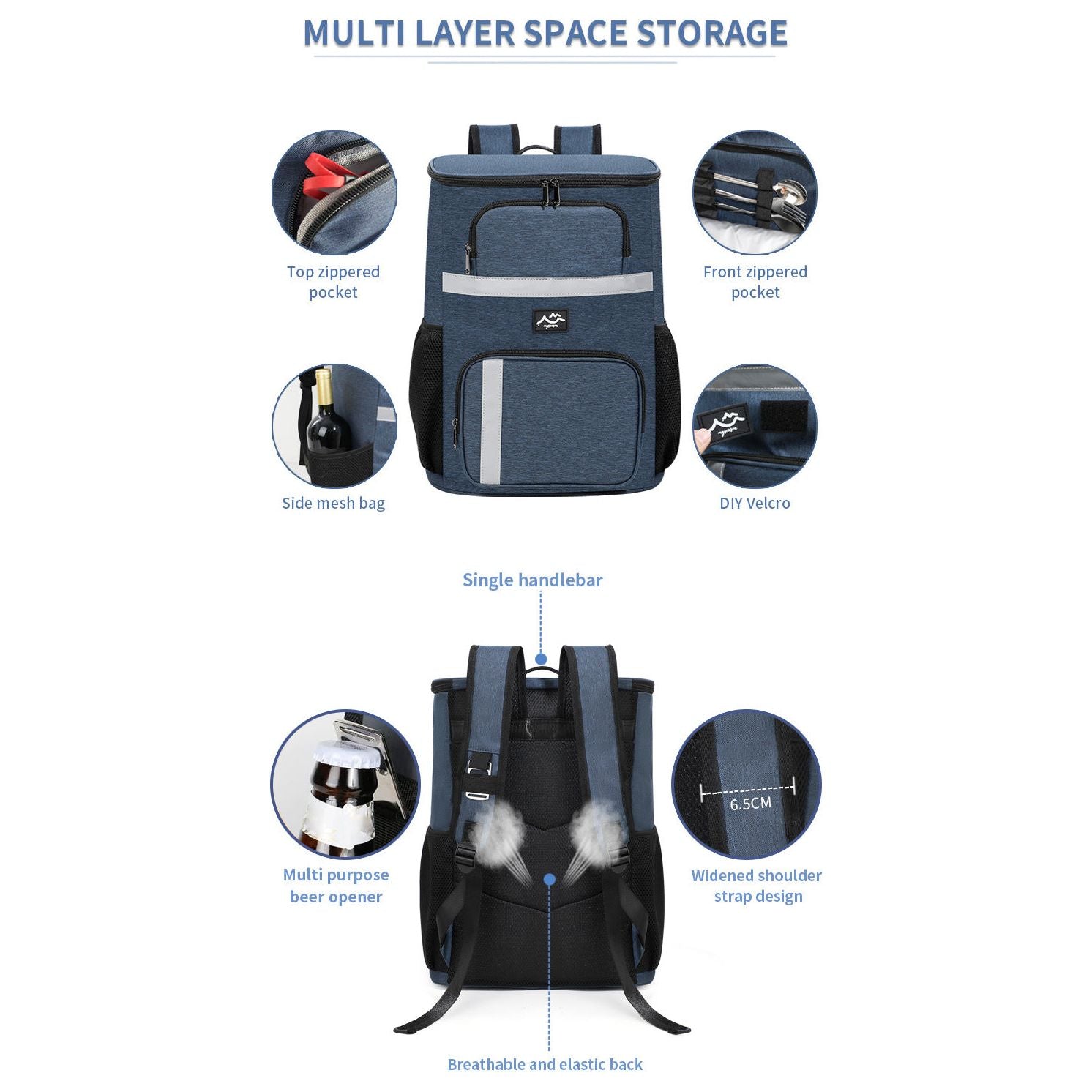 Insulated Cooler Backpack - Portable Outdoor Picnic and Beverage Bag with Bottle Opener (Navy blue)