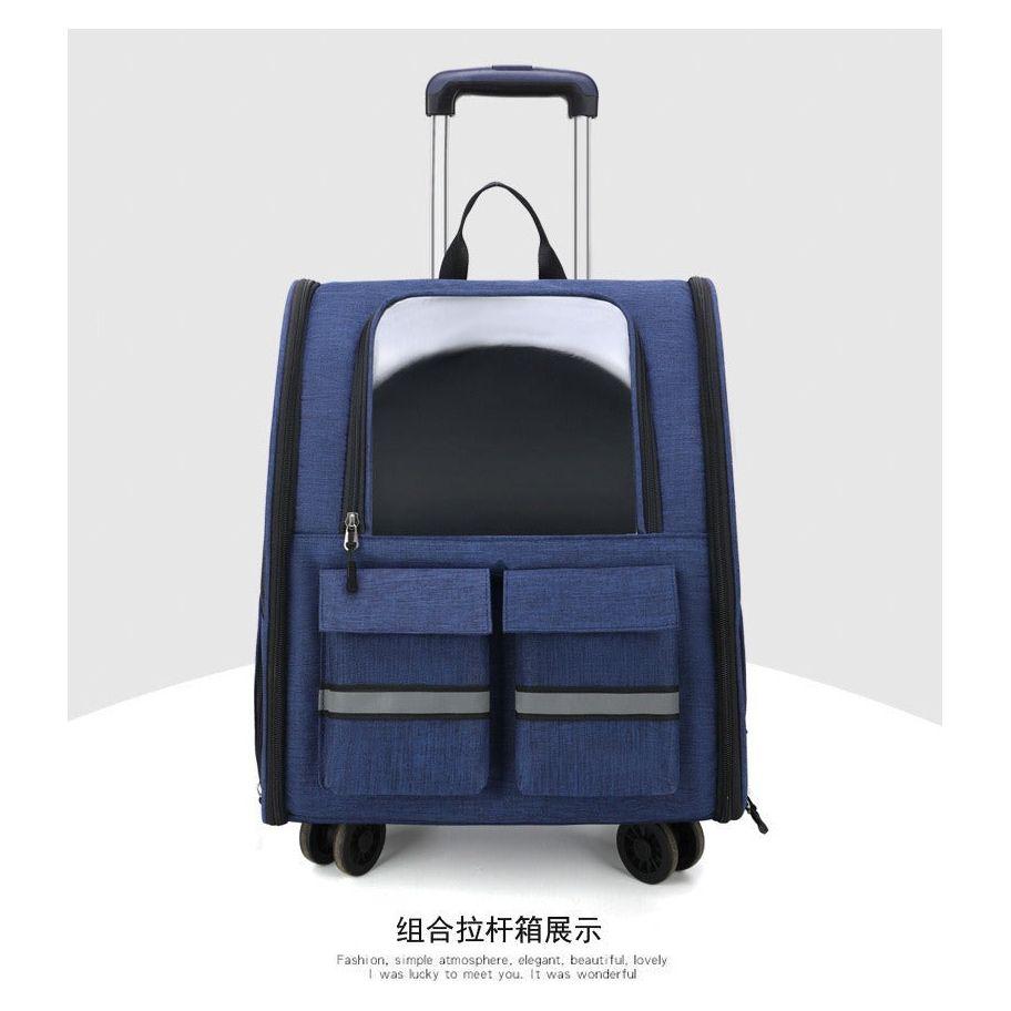 Blue 3-in-1 Pet Carrier: Rolling Backpack with Collapsible Design