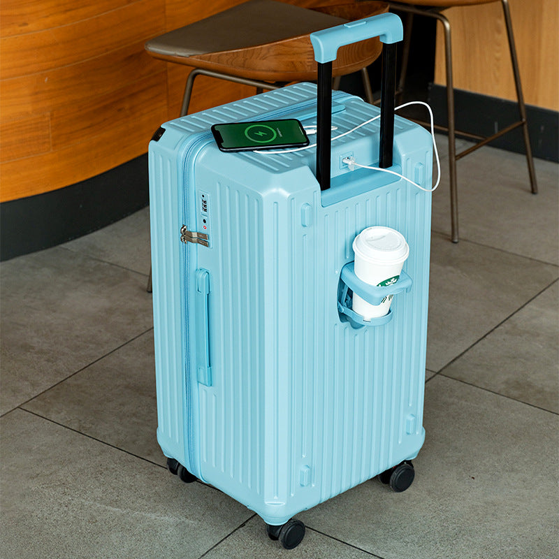 Smart Hard-Shell Luggage with USB Charging Port &amp; Cup Holder - 24&quot;Spinner Suitcase in Blue