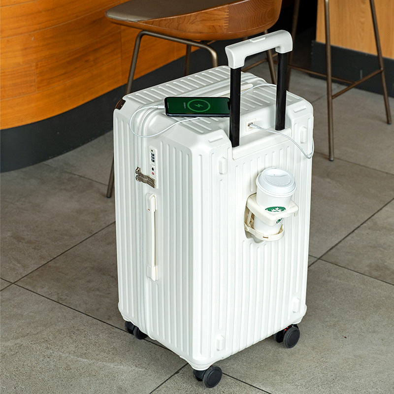 Smart Hard-Shell Luggage with USB Charging Port &amp; Cup Holder - 24&quot;Spinner Suitcase in White