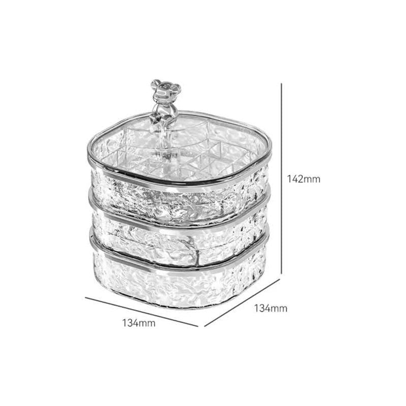 Elegant Crystal Stackable Jewelry Organizer with Bear Handle - 3-Tier Display Box for Accessories 13.4*13.4*14.2cm
