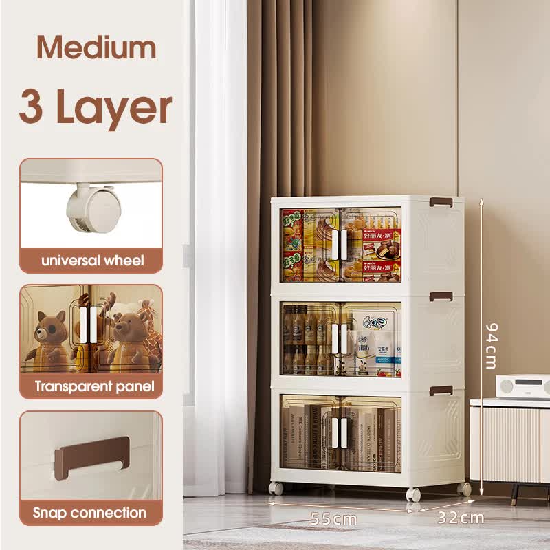 Stackable Storage Boxes with Transparent Doors - Modular Organizer for Home &amp; Pantry 55*32*94cm (3 layer )