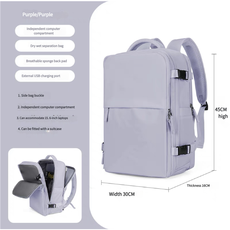 Water-Resistant Laptop Backpack with USB Charging Port and Wet-Dry Separation (Purple)