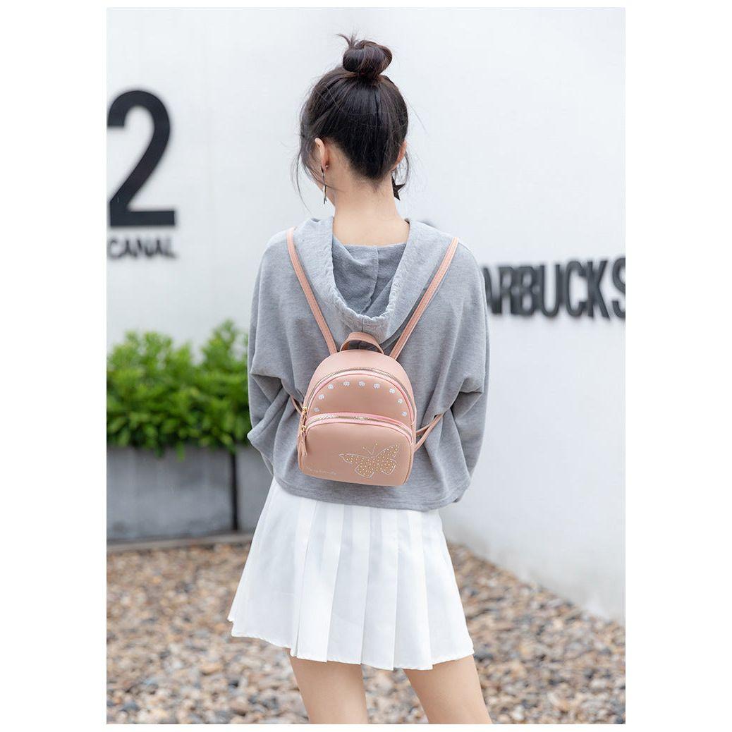 Mini Faux Leather Backpack with Butterfly Design -Light Green Cute Backpack for Girls