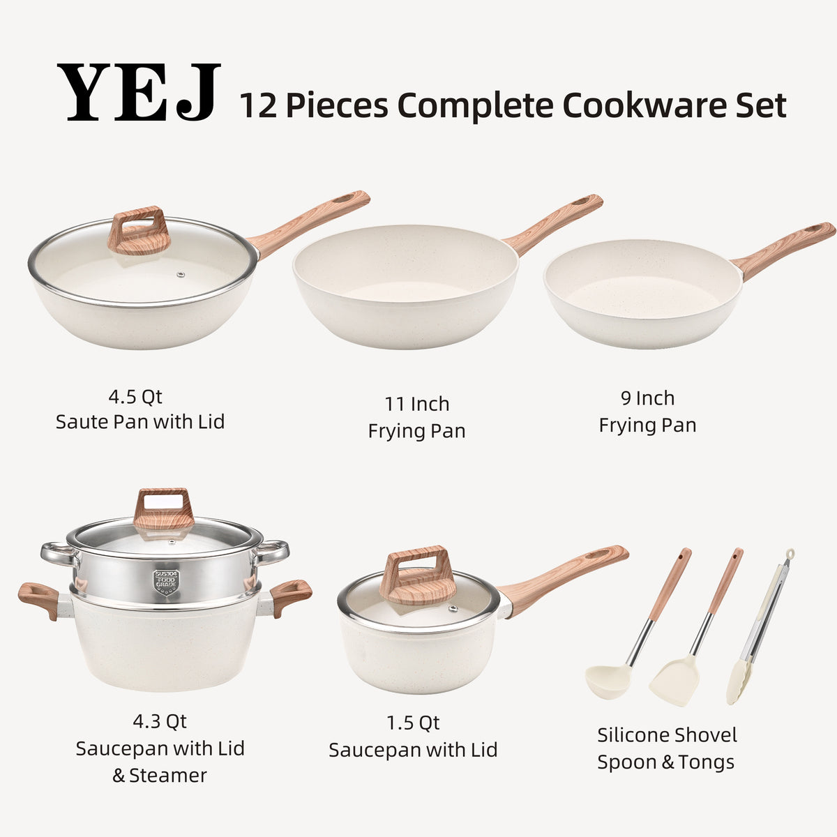 YEJ 12-Piece Non-Stick Complete Cookware Set | Pots, Pans &amp; Utensils  (White)