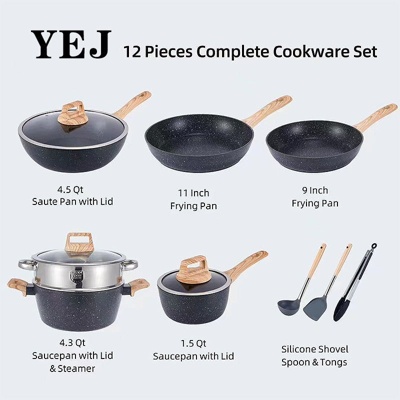 YEJ 12-Piece Non-Stick Complete Cookware Set | Pots, Pans &amp; Utensils  (Black)