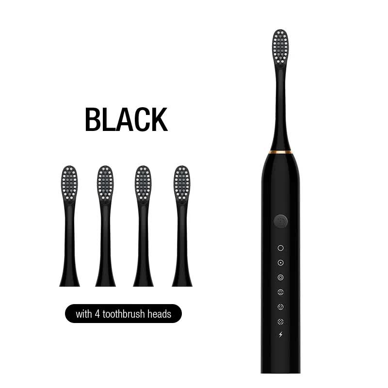 X-3 Sonic Electric Toothbrush, 4 Replacement Brush Heads, and USB Charging Cable - Sleek Black Design