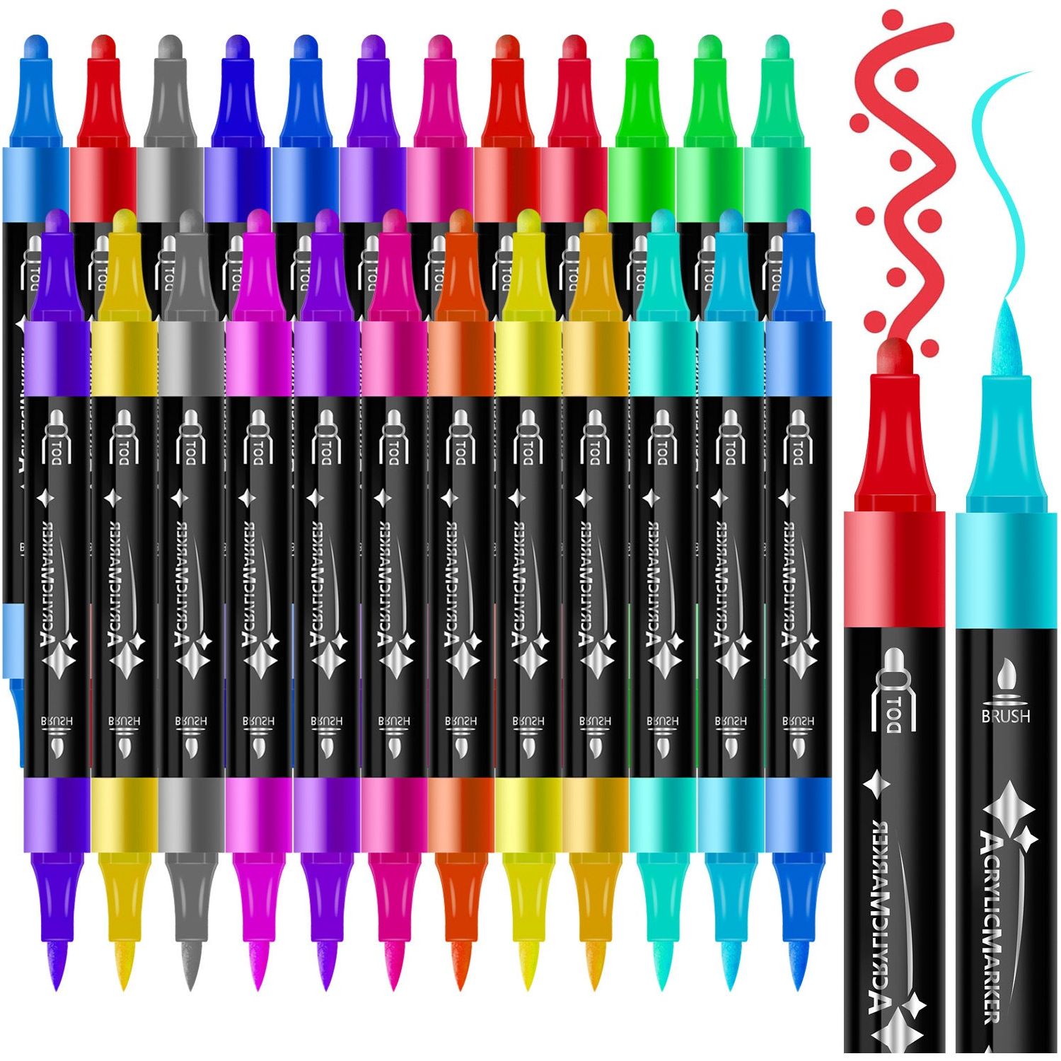 24-Color Dual-Tip Acrylic Marker Set - Fine and Brush Tip for Art Projects and DIY Crafts