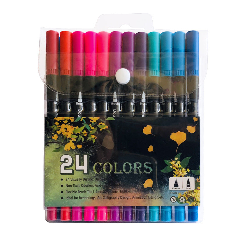 24-Color Dual-Head Brush and Fine Tip Marker Set - Vibrant Colors for Art and Craft Projects