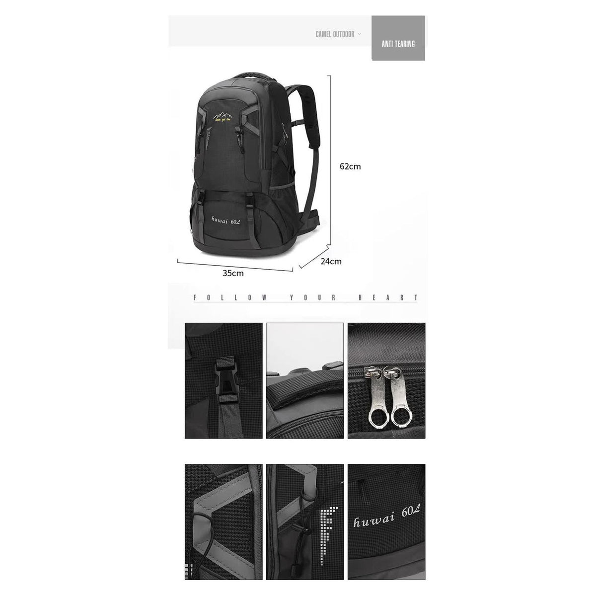 Large 60L Black Waterproof Hiking Backpack for Travel, Camping, and Outdoor Adventures - Durable and Lightweight