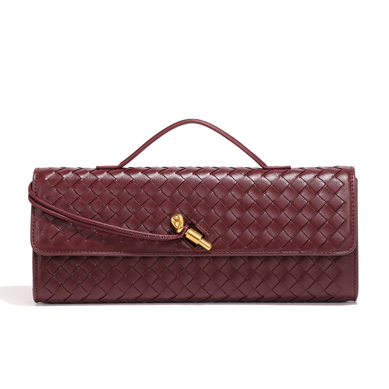 Wine Red Luxury Woven PU Leather Clutch - Elegant Women&#39;s Evening Baguette Bag with Adjustable Shoulder Strap