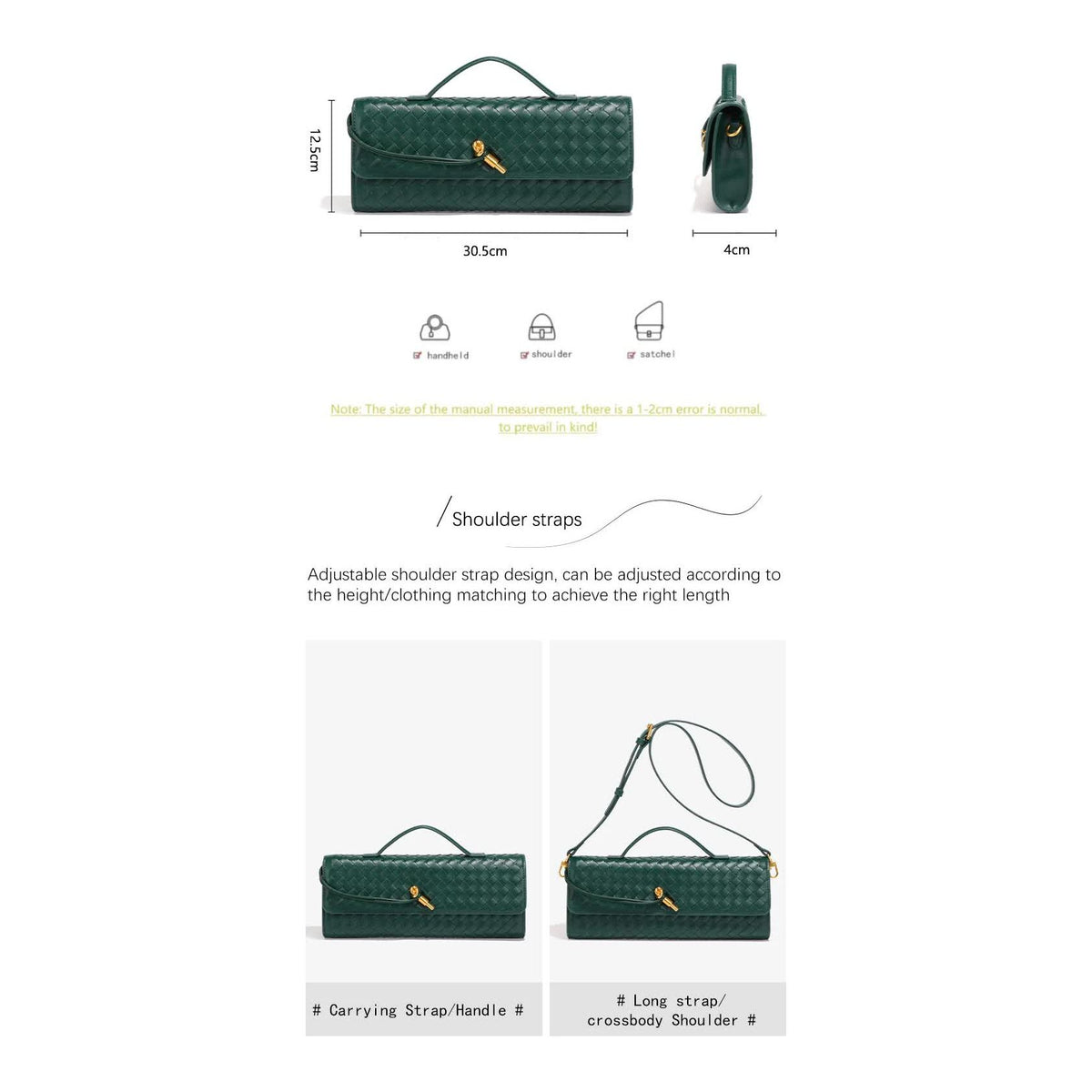Deep Green Luxury Woven PU Leather Clutch - Elegant Women's Evening Baguette Bag with Adjustable Shoulder Strap