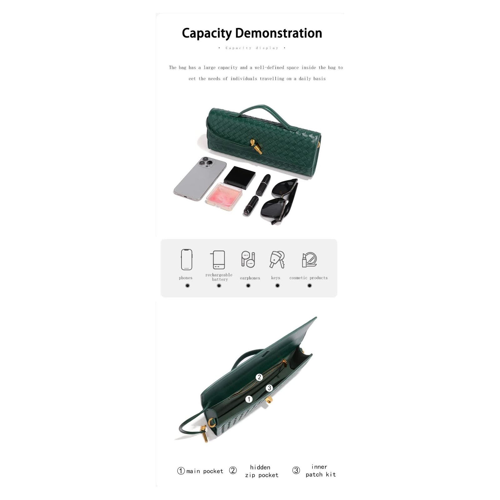 Deep Green Luxury Woven PU Leather Clutch - Elegant Women's Evening Baguette Bag with Adjustable Shoulder Strap