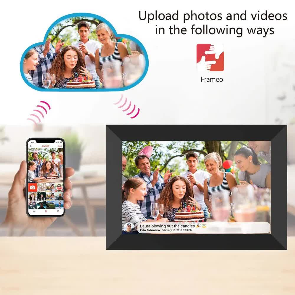 10.1-Inch Wooden Frame WiFi Digital Photo Frame - 16GB Storage, IPS Touchscreen, App Remote Sharing