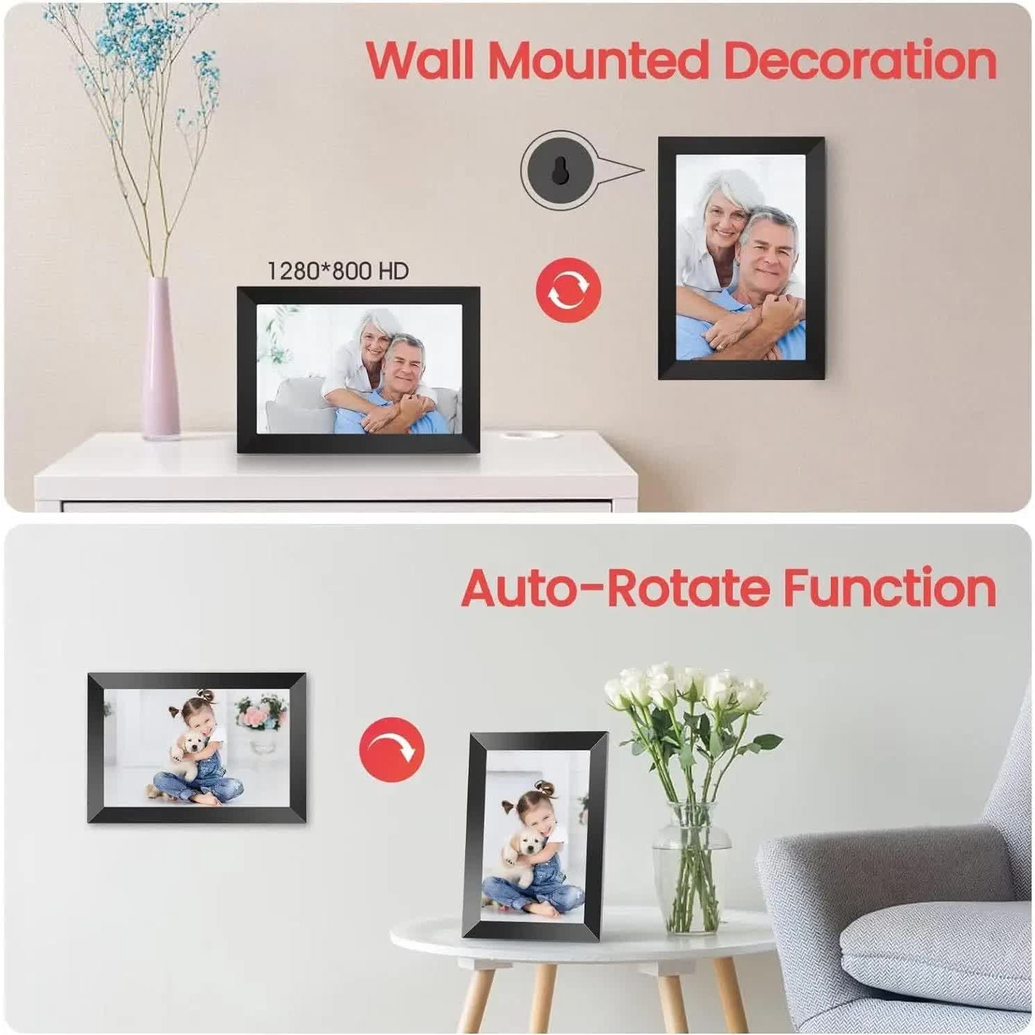 10.1-Inch Wooden Frame WiFi Digital Photo Frame - 16GB Storage, IPS Touchscreen, App Remote Sharing