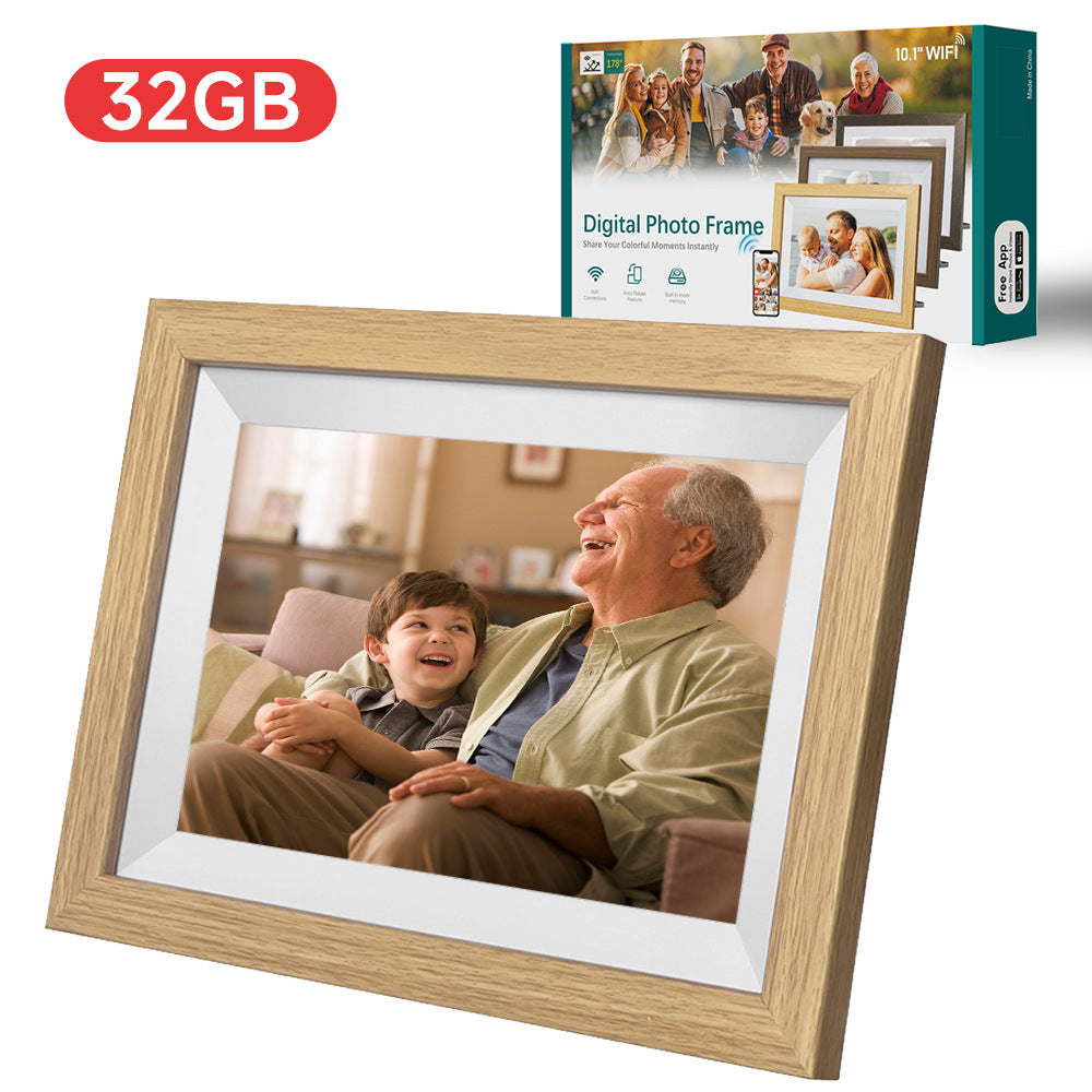 10.1-Inch Wooden Frame WiFi Digital Photo Frame - 32GB Storage, IPS Touchscreen, App Remote Sharing