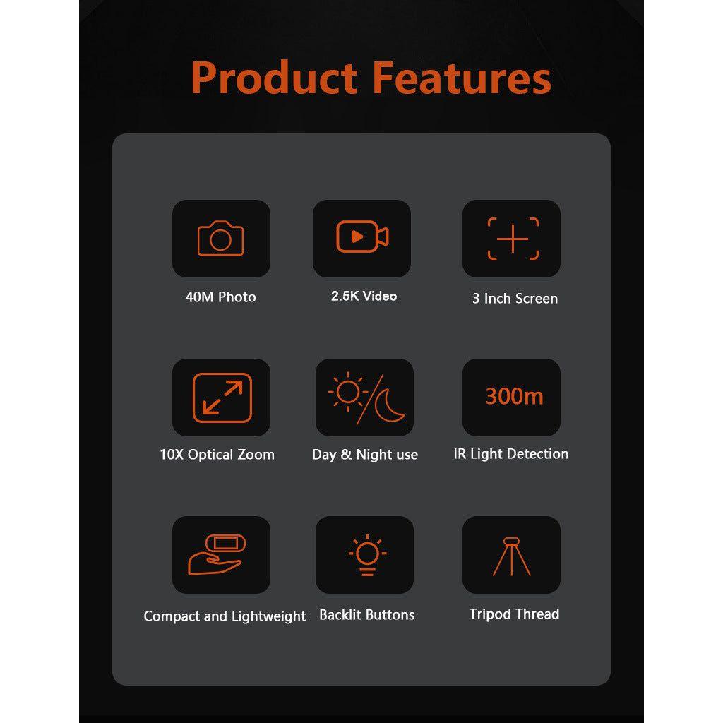 Black Digital Night Vision Binoculars - 3.0'' IPS Screen, 10X Optical Zoom, 2.5K Video Recording, Infrared for 300m Range