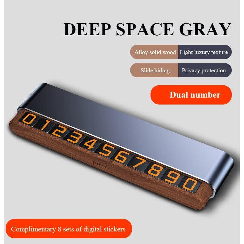 Gray Dual-Number Alloy and Wood Temporary Parking Card - Sliding Privacy Design, Includes 8 Number Sets