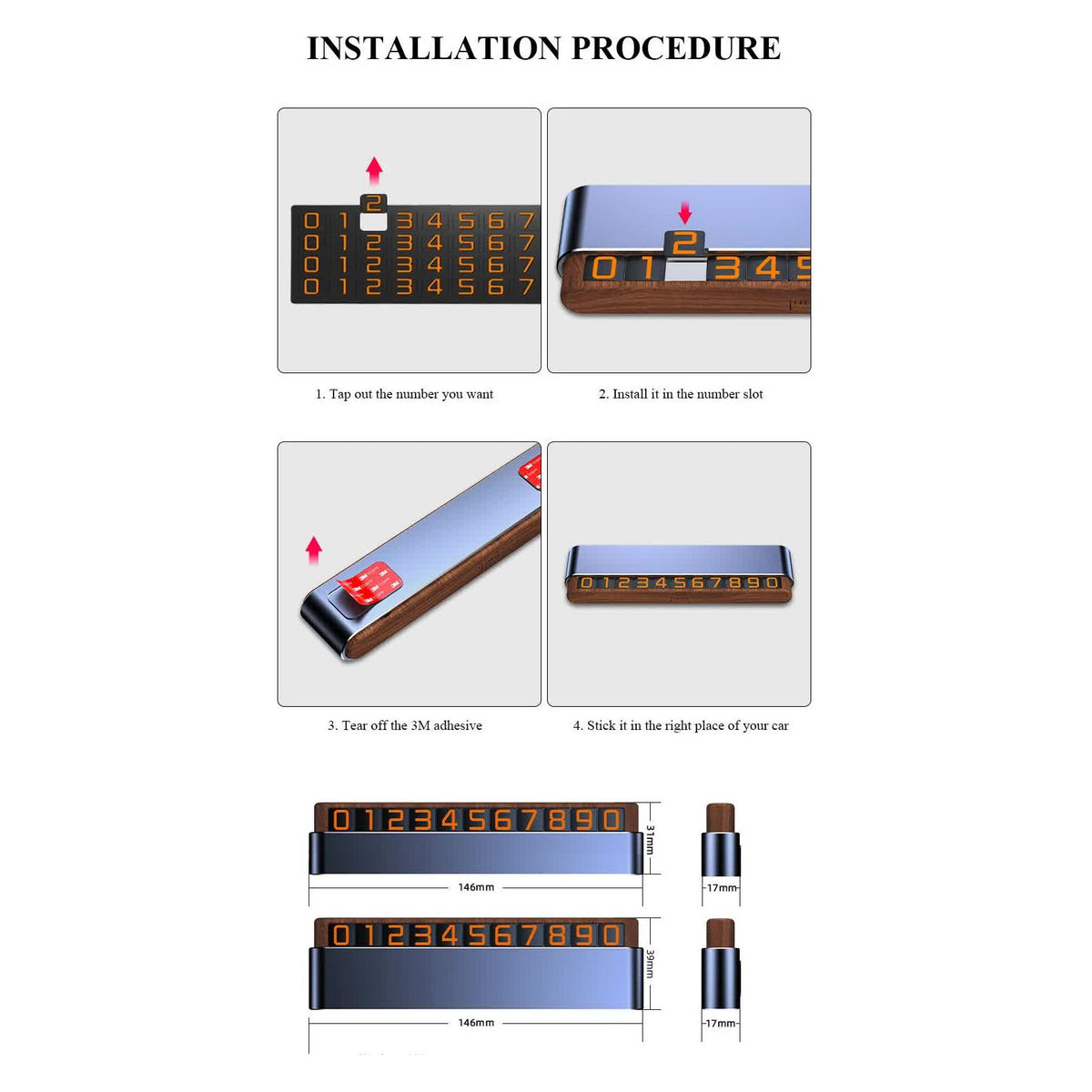 Gray Dual-Number Alloy and Wood Temporary Parking Card - Sliding Privacy Design, Includes 8 Number Sets