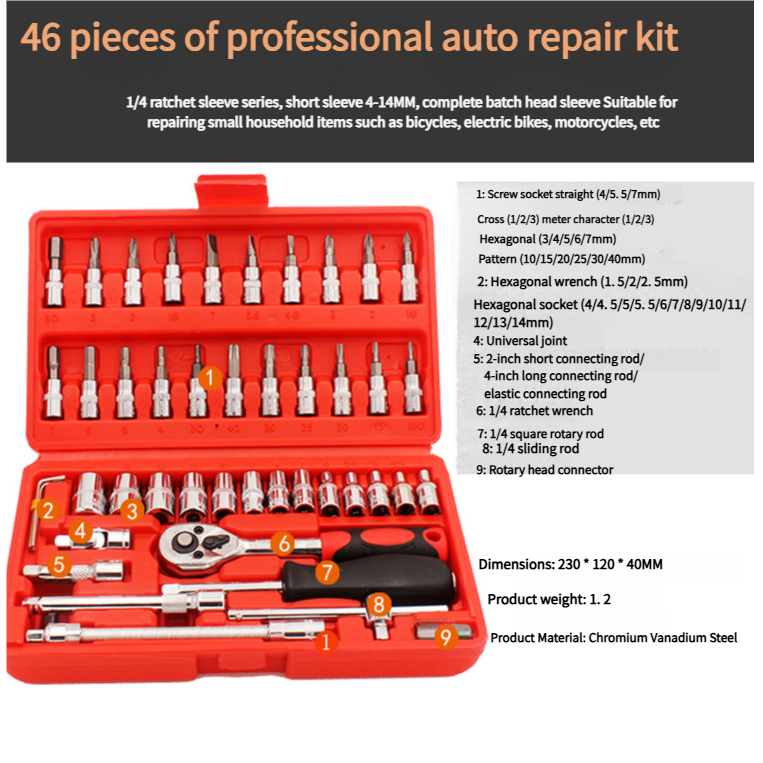 46-Piece Professional Socket Wrench Set - 1/4 Drive, Chrome Vanadium Steel, Ratchet & Bit Kit for Automotive and Household Repairs Black Box