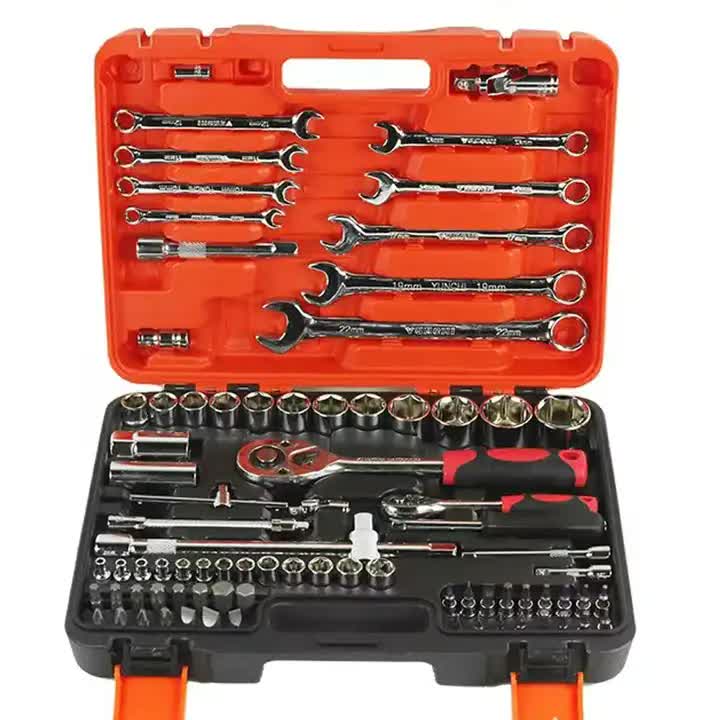 82-Piece Professional Automotive Repair Tool Set - 1/2 &amp; 1/4 Drive Ratchets, Sockets, and Wrenches for Engine, Tire, and Spark Plug Maintenance