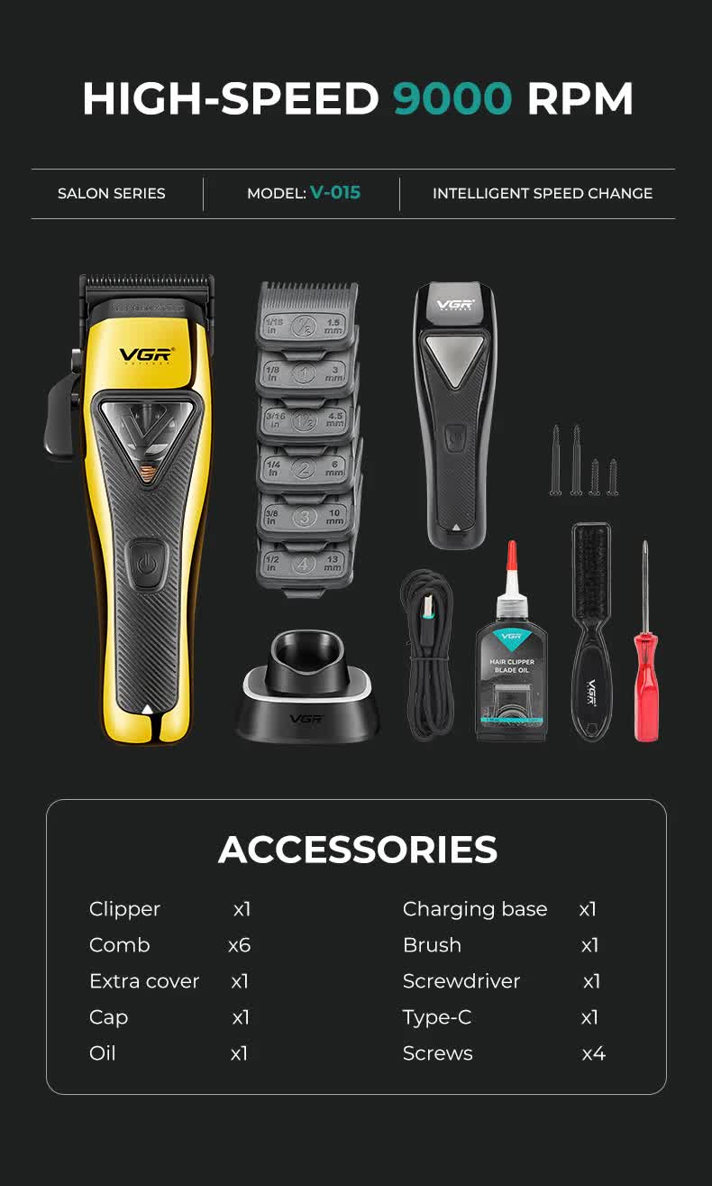 VGR Professional Hair Clipper Set - 9000 RPM Vector Motor, Rechargeable Cordless Grooming Kit with Accessories