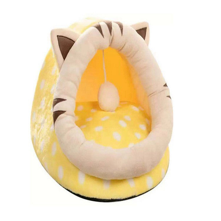 Yellow Half-Enclosed Cat Bed - Soft Short Velvet Fabric with Sponge + PP Cotton Filling, M Size (35x35x30cm)