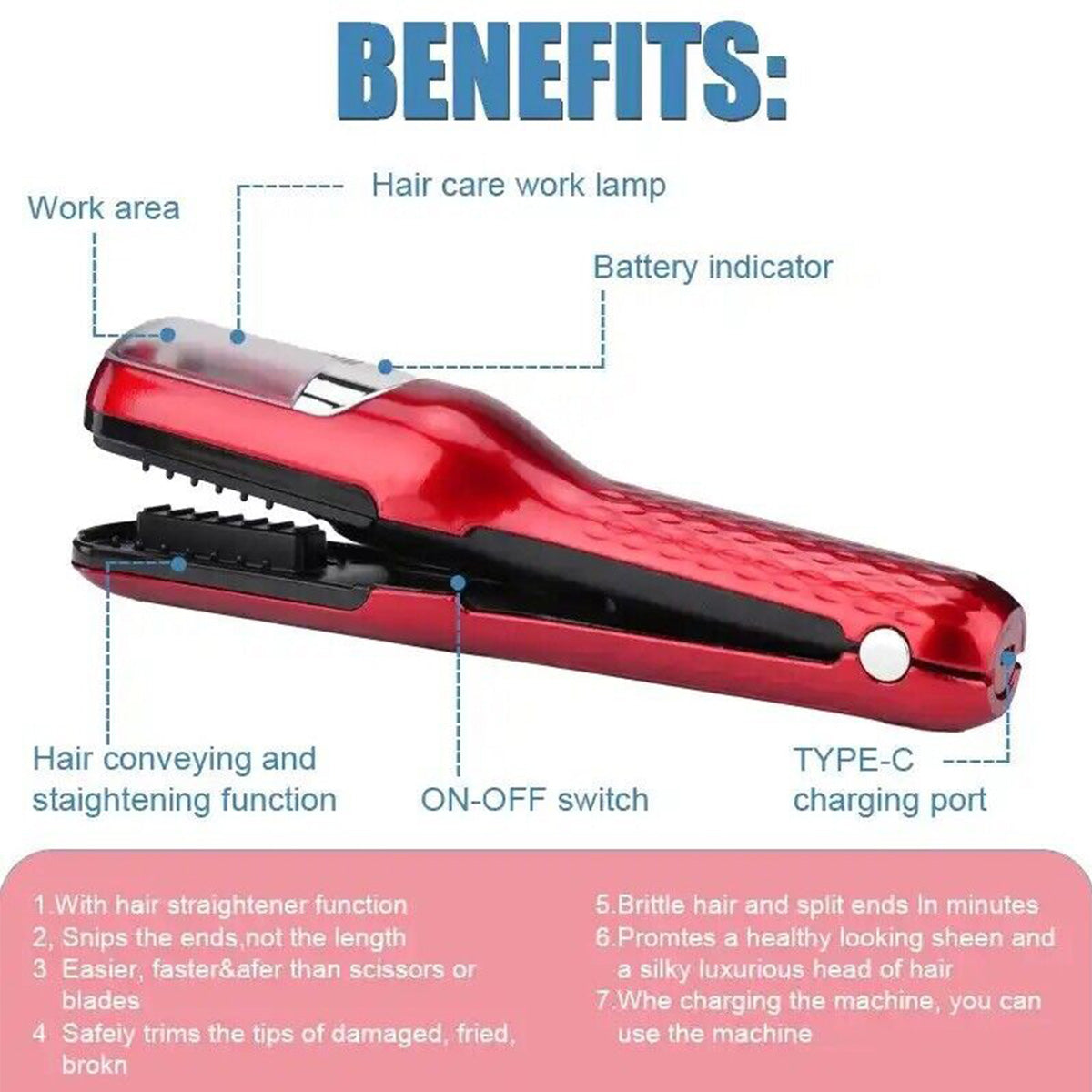 Red  Mini - Automatic, Hair Repair Split End Remover Trimmer For Dry, Splitting, Damaged And Brittle Split Ends, Men And Women Hair Styling Beauty Tool