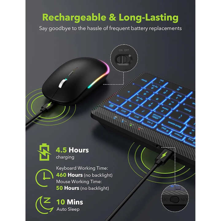 Ultra-Thin Wireless Backlit Keyboard & Mouse Combo - Rechargeable, Multi-Device Bluetooth for Mac, Windows, iOS