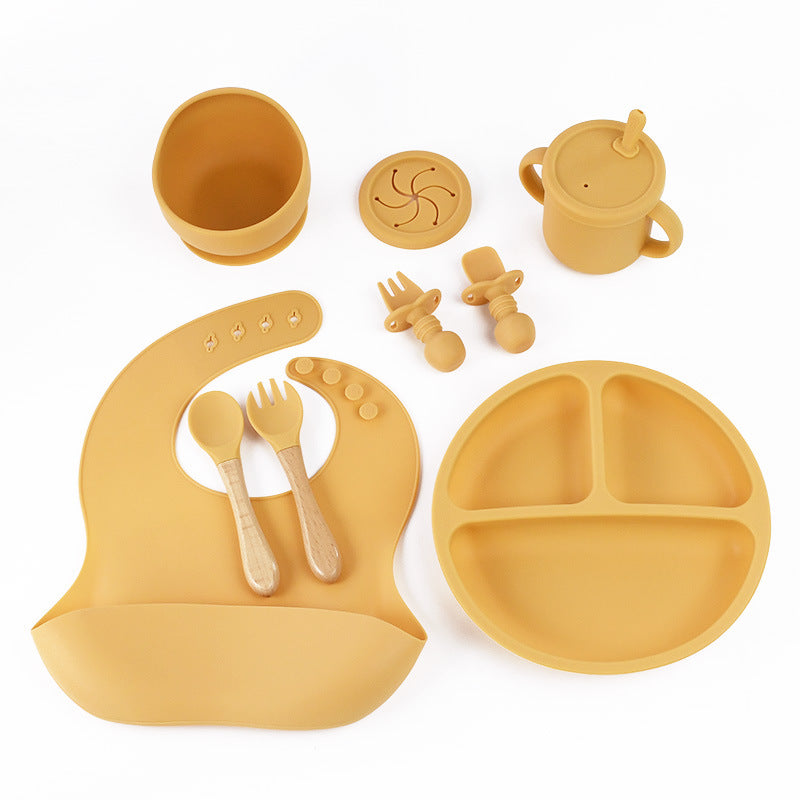 Yellow 8-Piece Silicone Children&#39;s Tableware Set - BPA-Free Baby Feeding Utensils with Wooden Fork and Spoon, Cup, Bowl, and Bibs