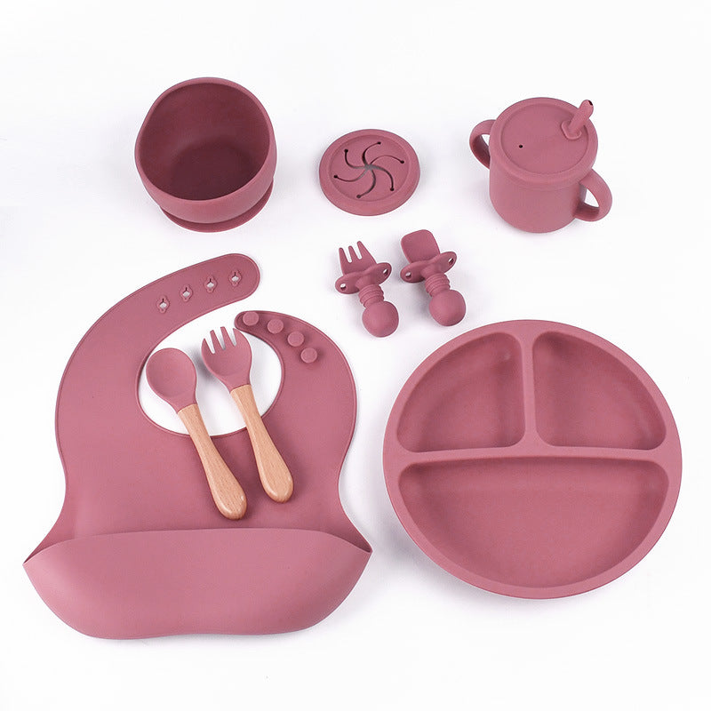 Rose Red 8-Piece Silicone Children&#39;s Tableware Set - BPA-Free Baby Feeding Utensils with Wooden Fork and Spoon, Cup, Bowl, and Bibs