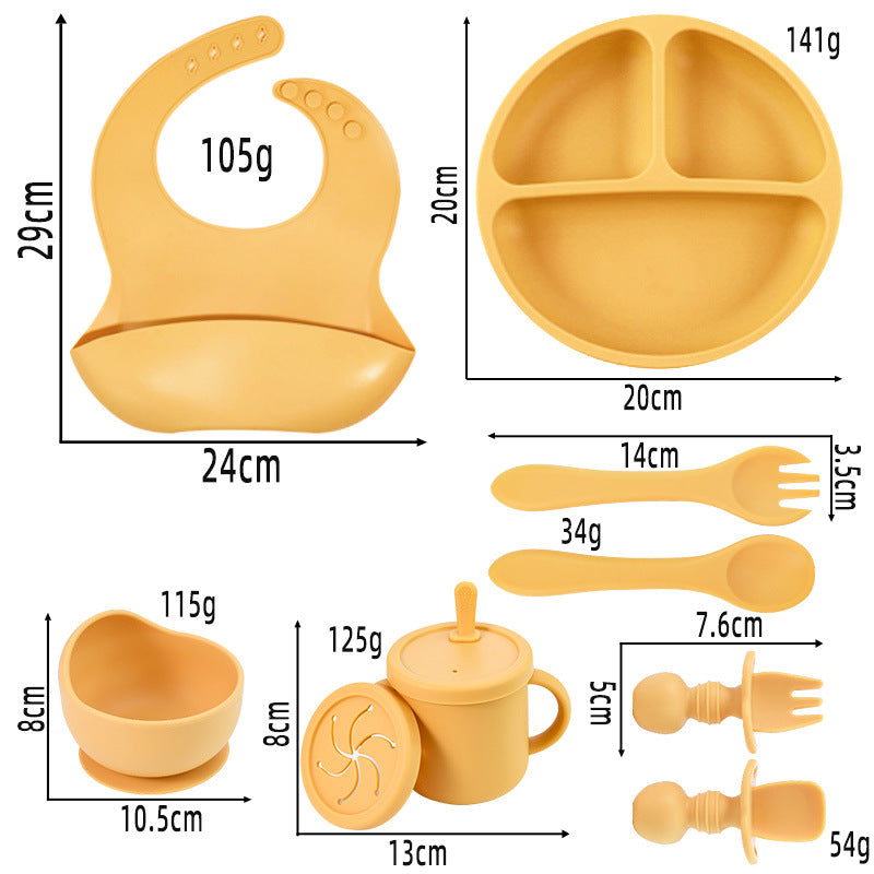 Off-white 8-Piece Silicone Children's Tableware Set - BPA-Free Baby Feeding Utensils with Fork, Spoon, Cup, Bowl, and Bibs